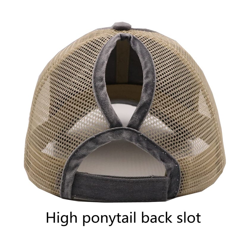 ProMindFun Womens Ponytail High Messy Bun Hats Distressed Baseball Caps Unconstructed Washed Dad Hat Girls Trucker Ponycaps (02-Light Gray) - Image 3
